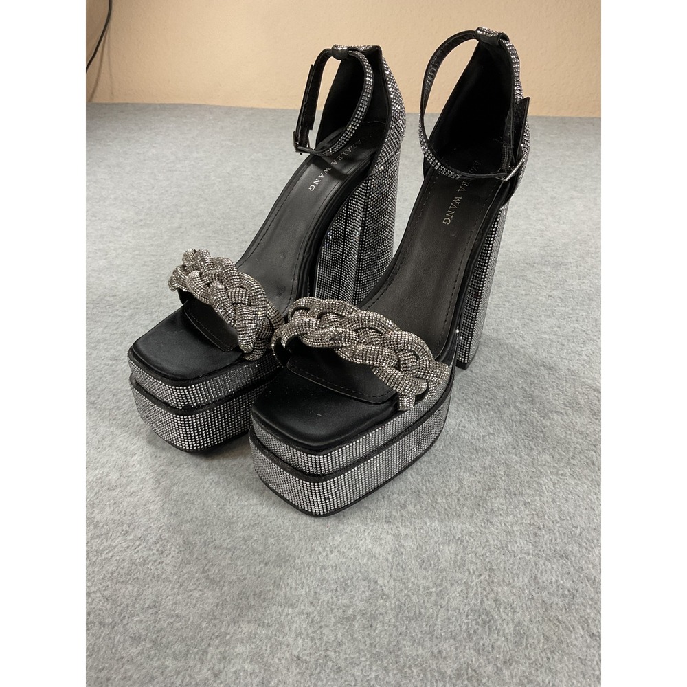 Azalea Wang Rhinestone Braided Platform Sandals Black Silver Block Heel Size 8.5